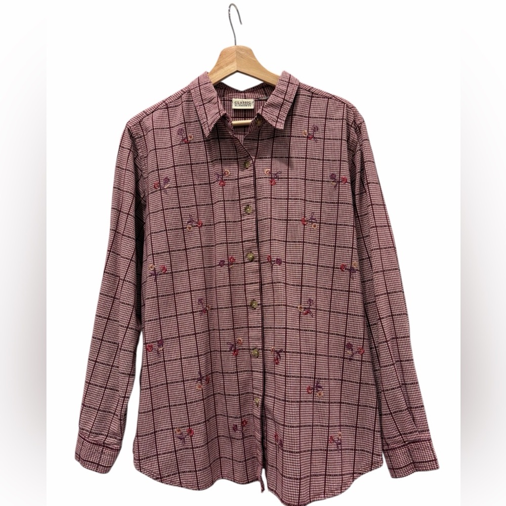 Classic Elements Plum Gingham Embroidered Long Sleeve Cottage Educator Top OS